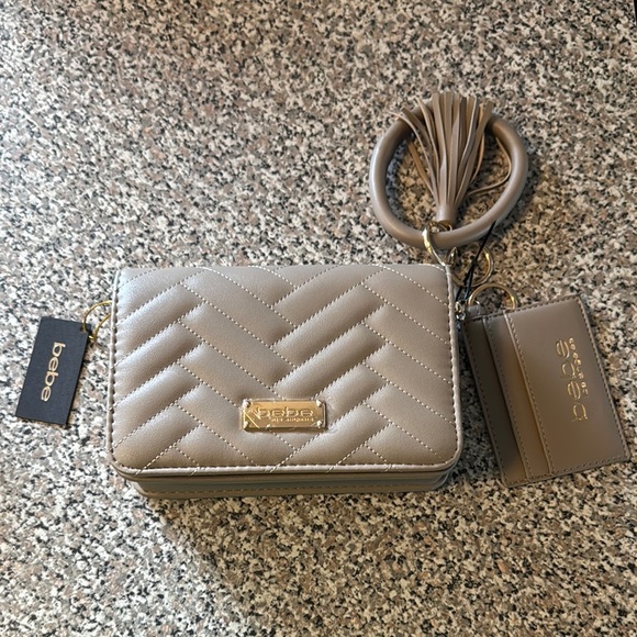 bebe Handbags - Bebe Quilted Beige Crossbody Bag with Gold Accents